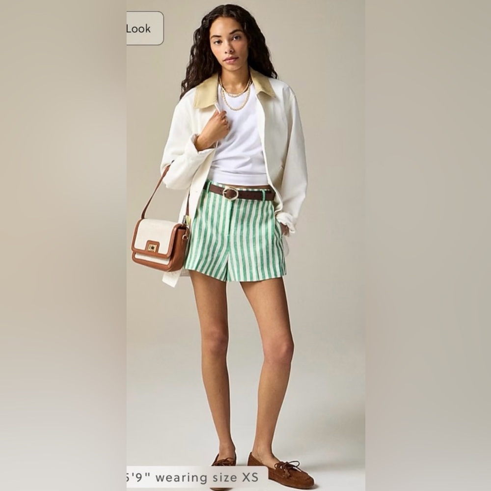 J. Crew Green and White Striped Linen Shorts